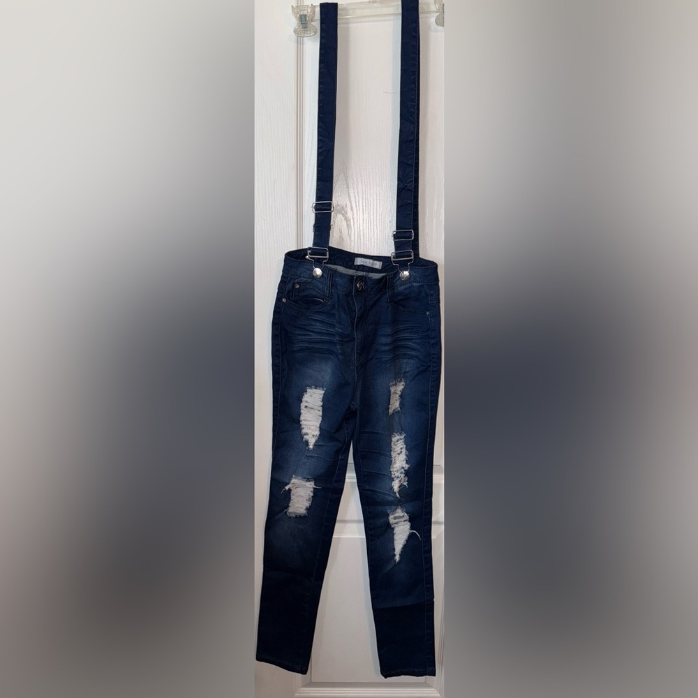 Crave Fame By Almost Famous Distressed Skinny Jeans Overalls Dark Wash Size 7